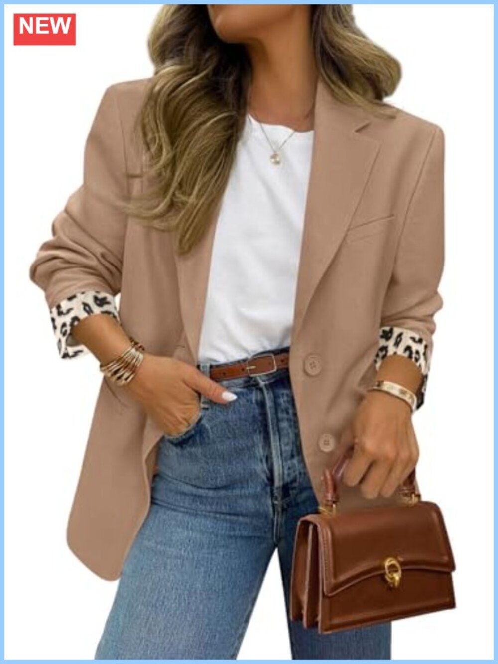 Women's Open Front Leopard Lined Blazer Suit Jacket Long Sleeve Notch Lapel Work